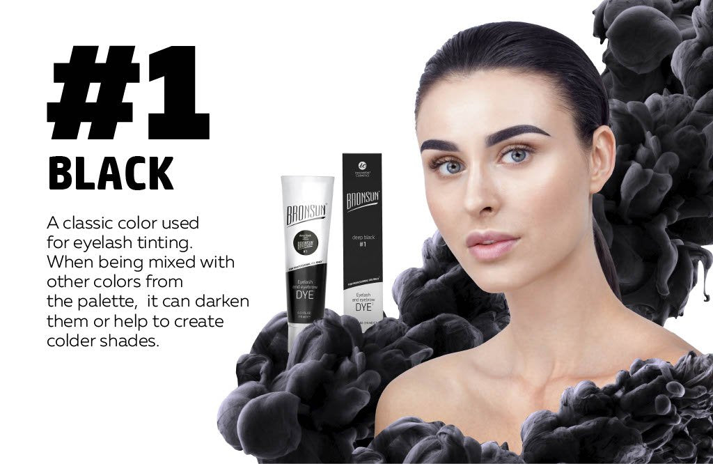 Bronsun Brow and Lash Dye - Deep Black infographic product and model