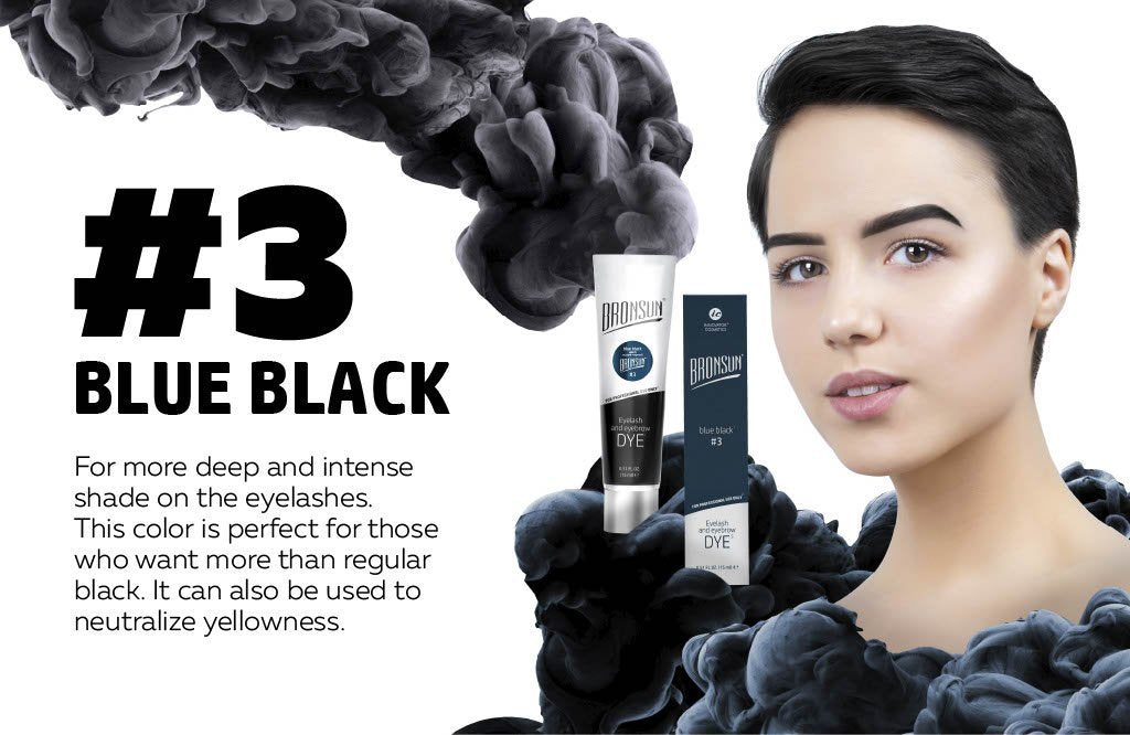 Bronsun Brow and Lash Dye - Blue Black infographic with model and product