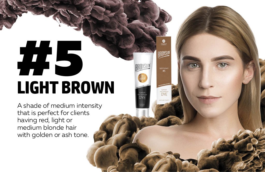 Bronsun Brow and Lash Dye - Light Brown infographic with product and model