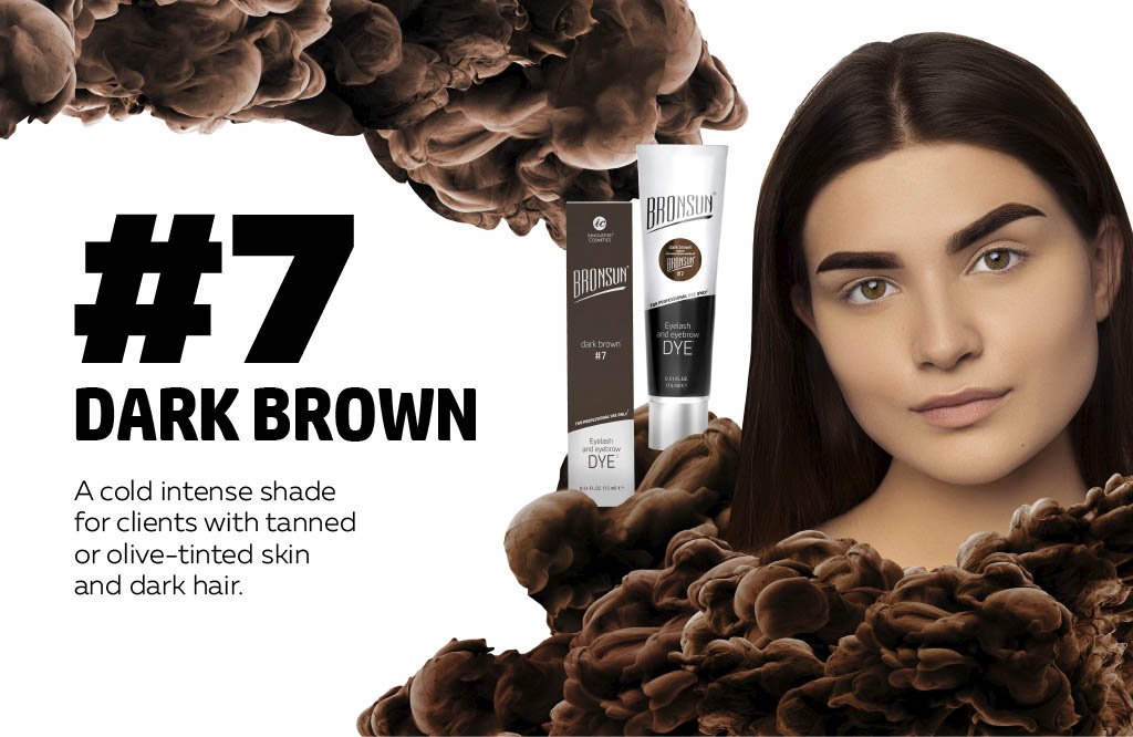 Bronsun Brow and Lash Dye - Dark Brown infographic with model and product