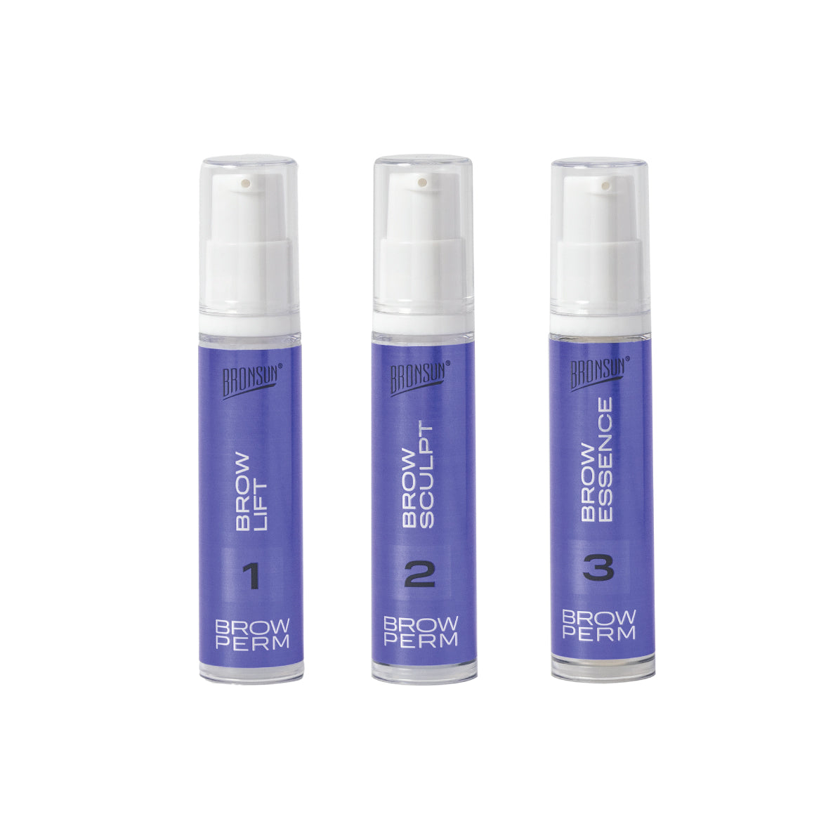 3 bottles of the brow perm set over a white background.