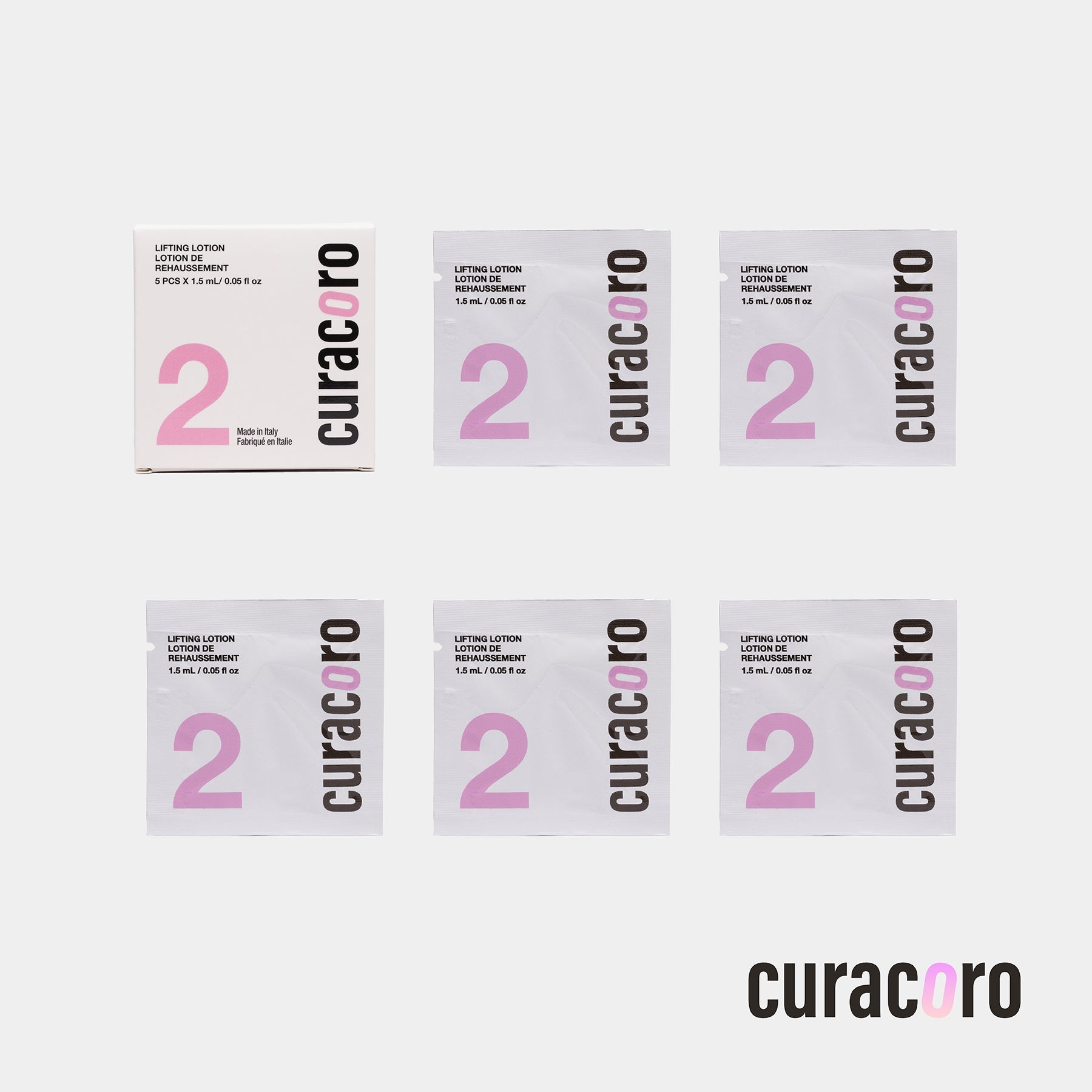 Five Curacoro lifting lotion sachets over a white background.