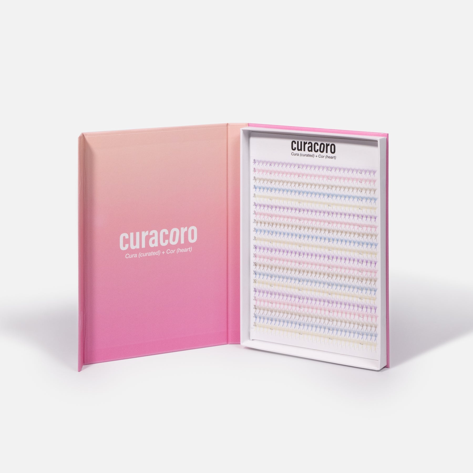 Curacoro XL Promade Fans tray with rainbow-colored lash extensions, displayed in an open box with white packaging.
