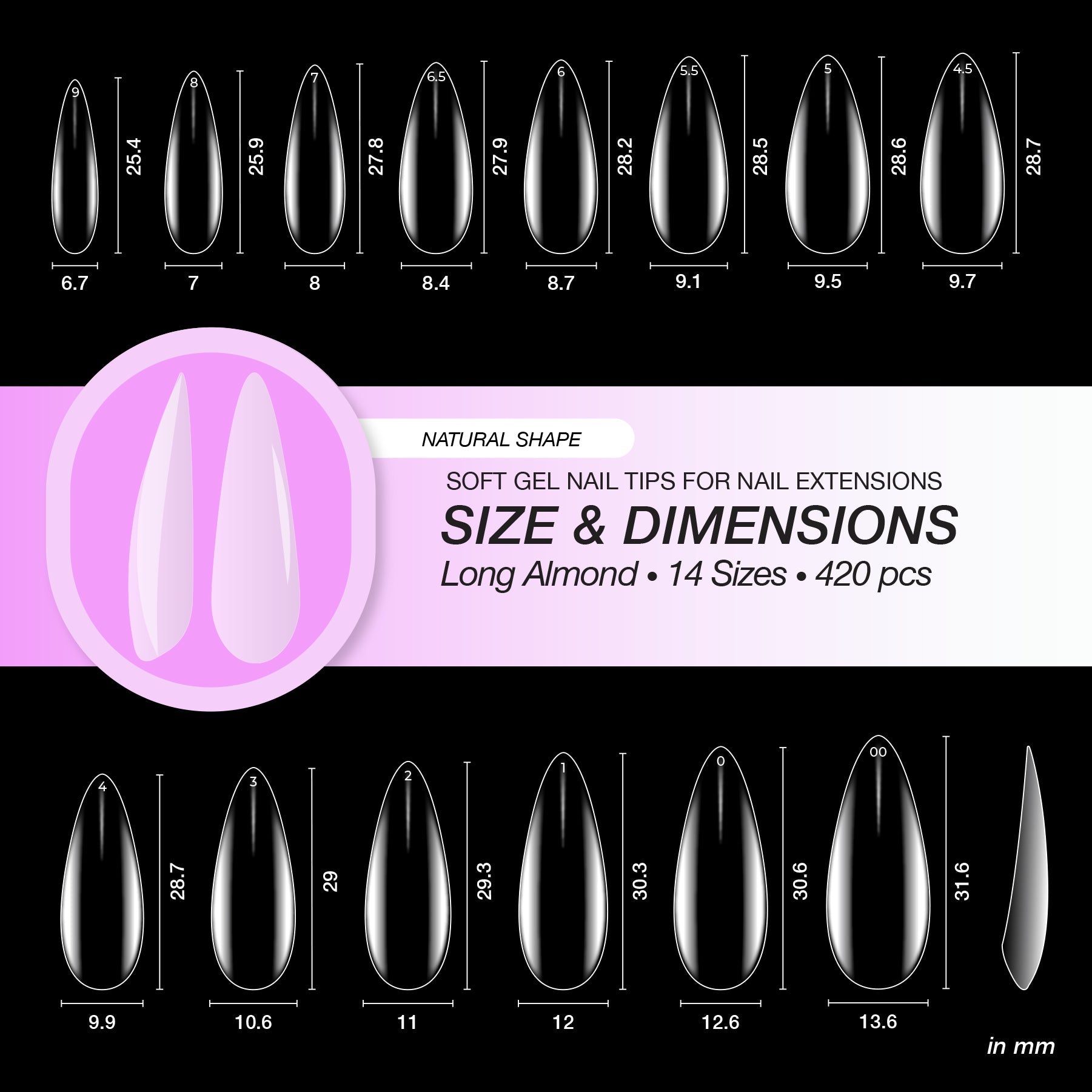 Professional Soft Gel Nail Tips - Natural - Almond Long