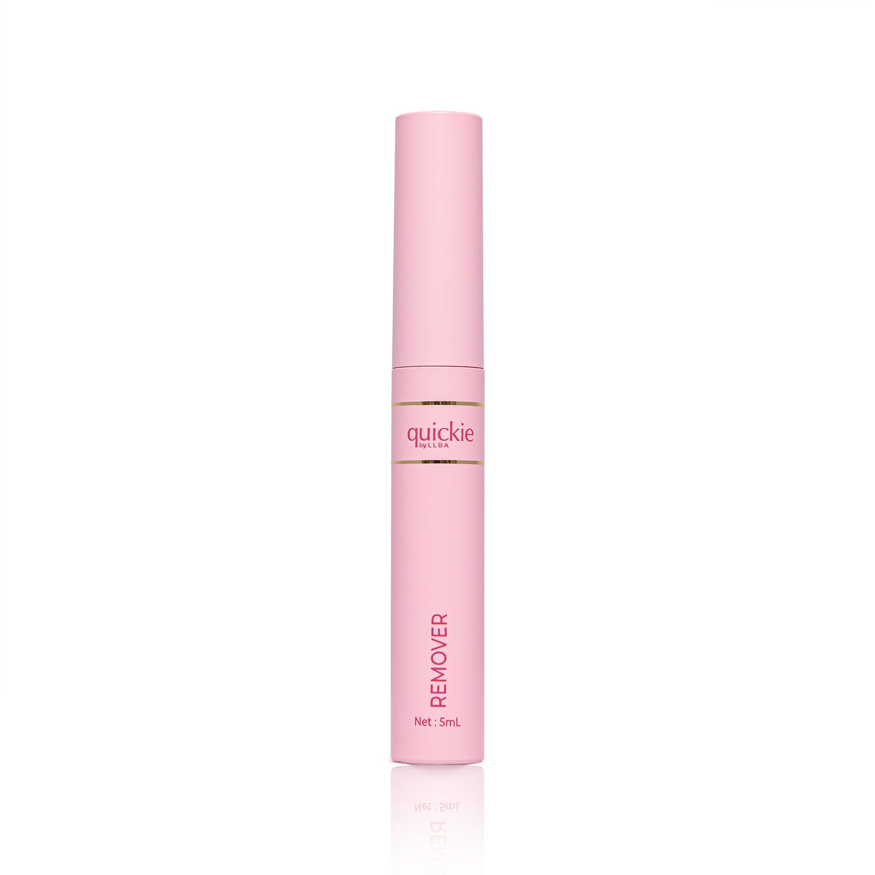 Pink tube of Quickie by LLBA Remover, 5 mL, over a white background.