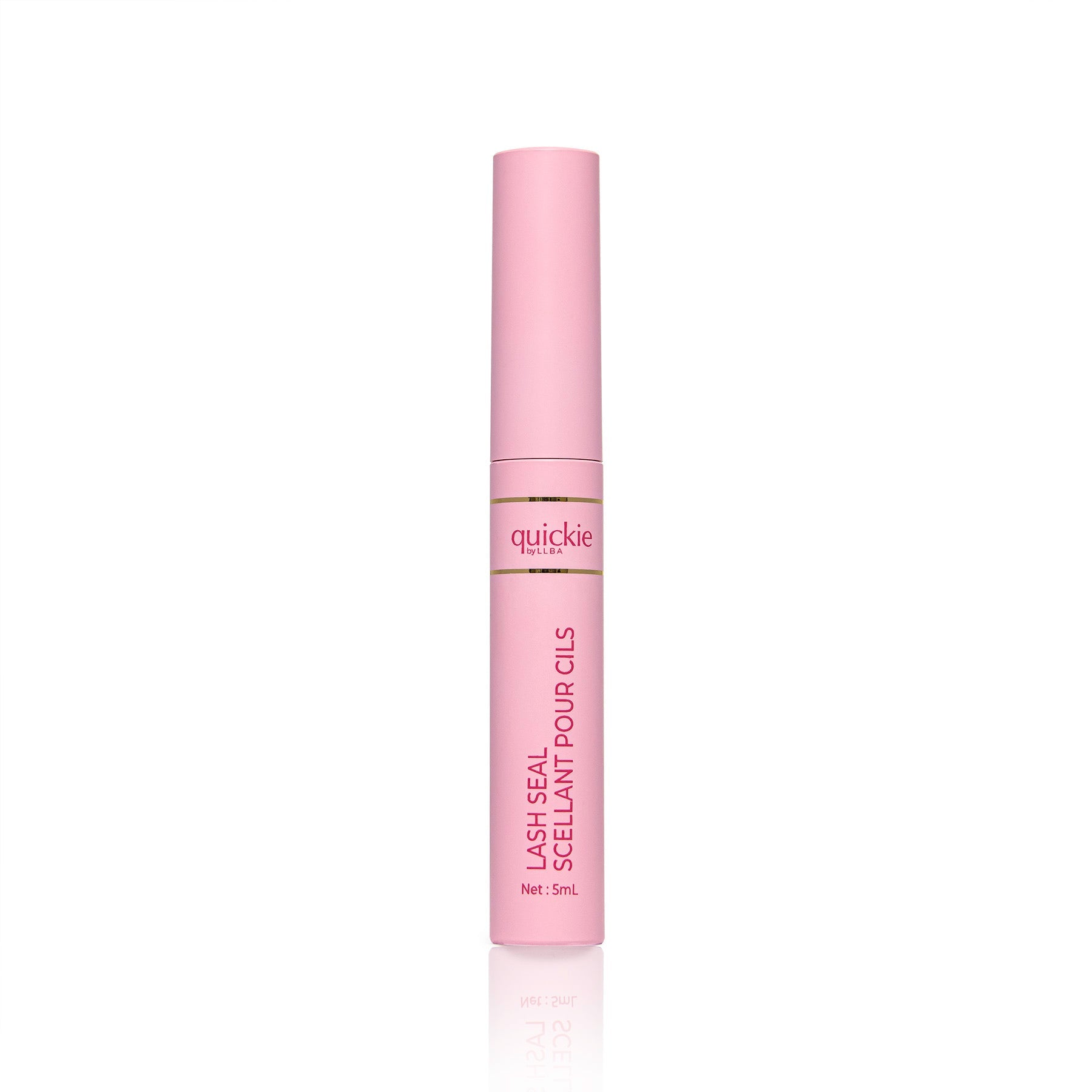 A tube of Quickie by LLBA Lash Seal, revealing over a white background.