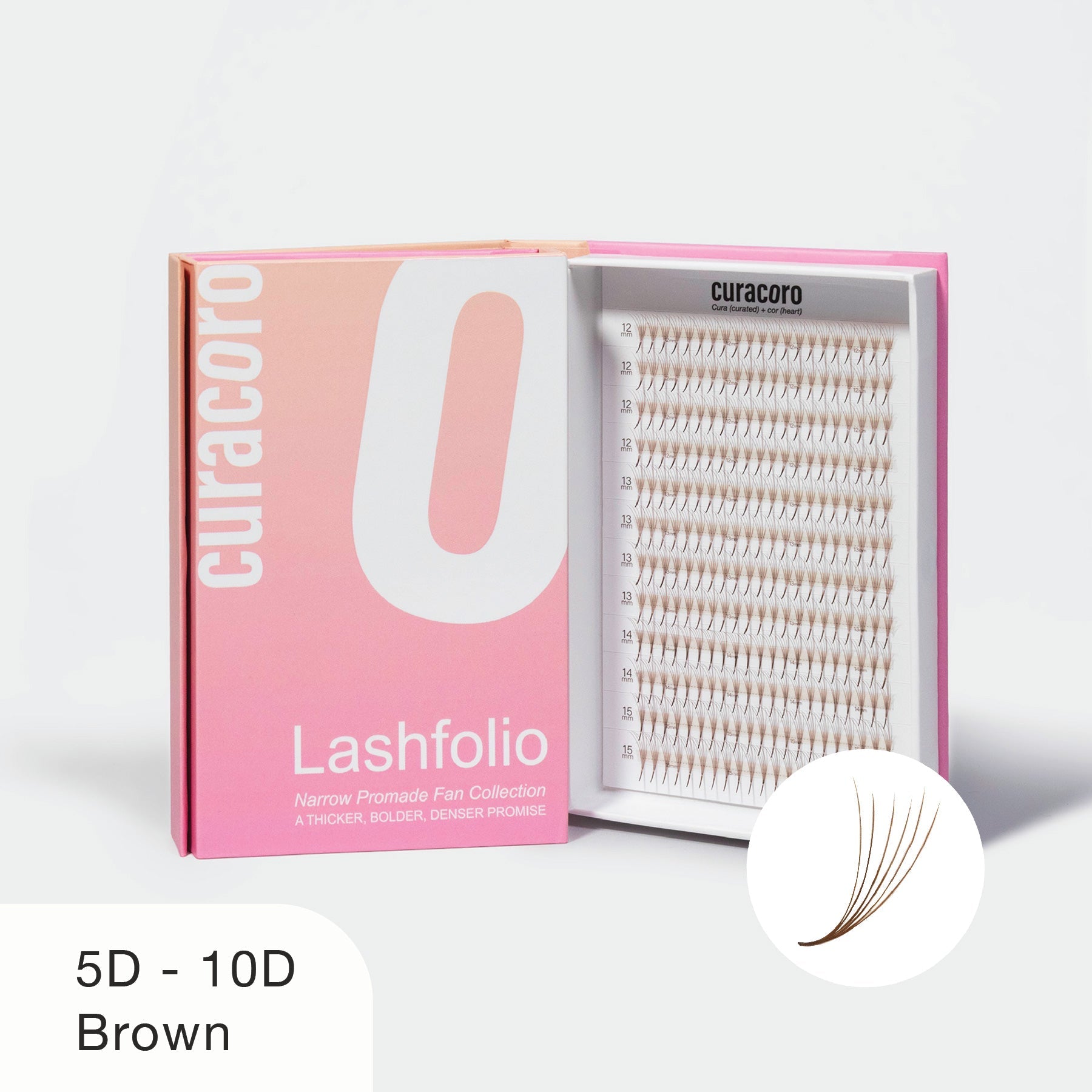 Curacoro Lashfolio in Brown, featuring 5D-10D narrow Promade fans for a fuller, bolder lash enhancement, over a white background.
