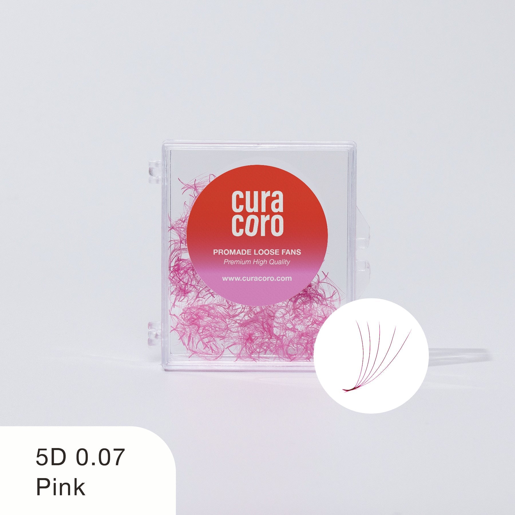 Clear container showcasing Curacoro Promade Loose Fans in vibrant pink, labeled 5D 0.07 for professional eyelash extensions.