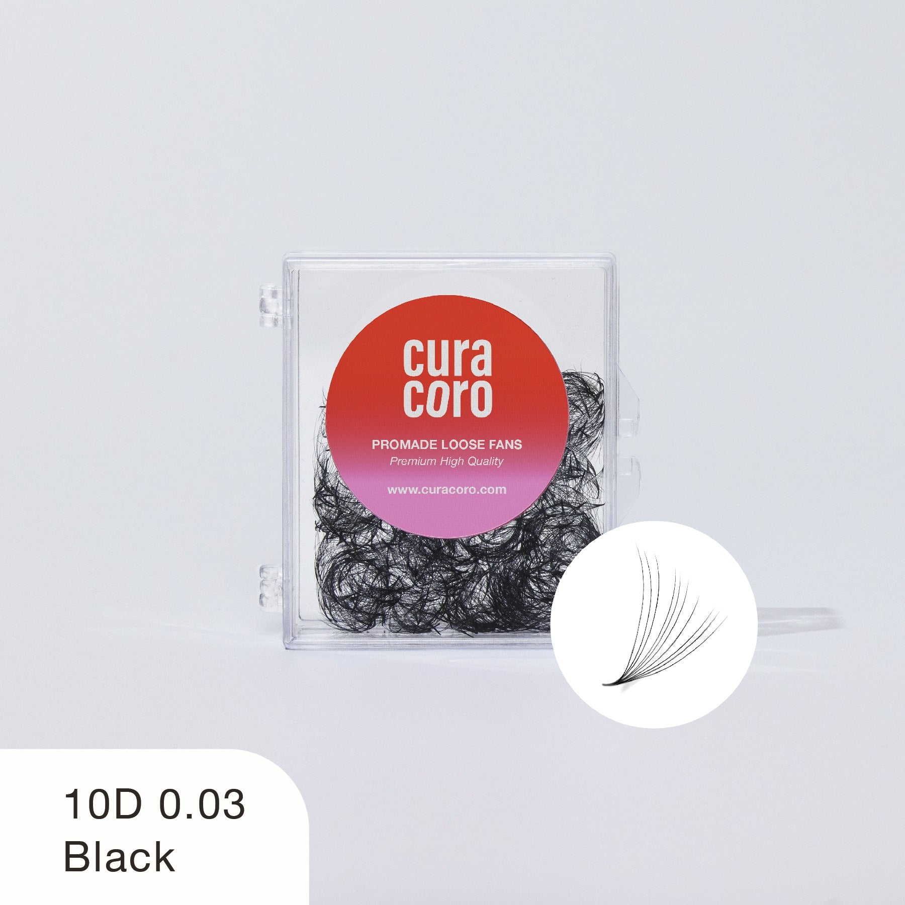 Curacoro 10D 0.03 black promade loose fans in clear plastic case with red label, displayed on white background
