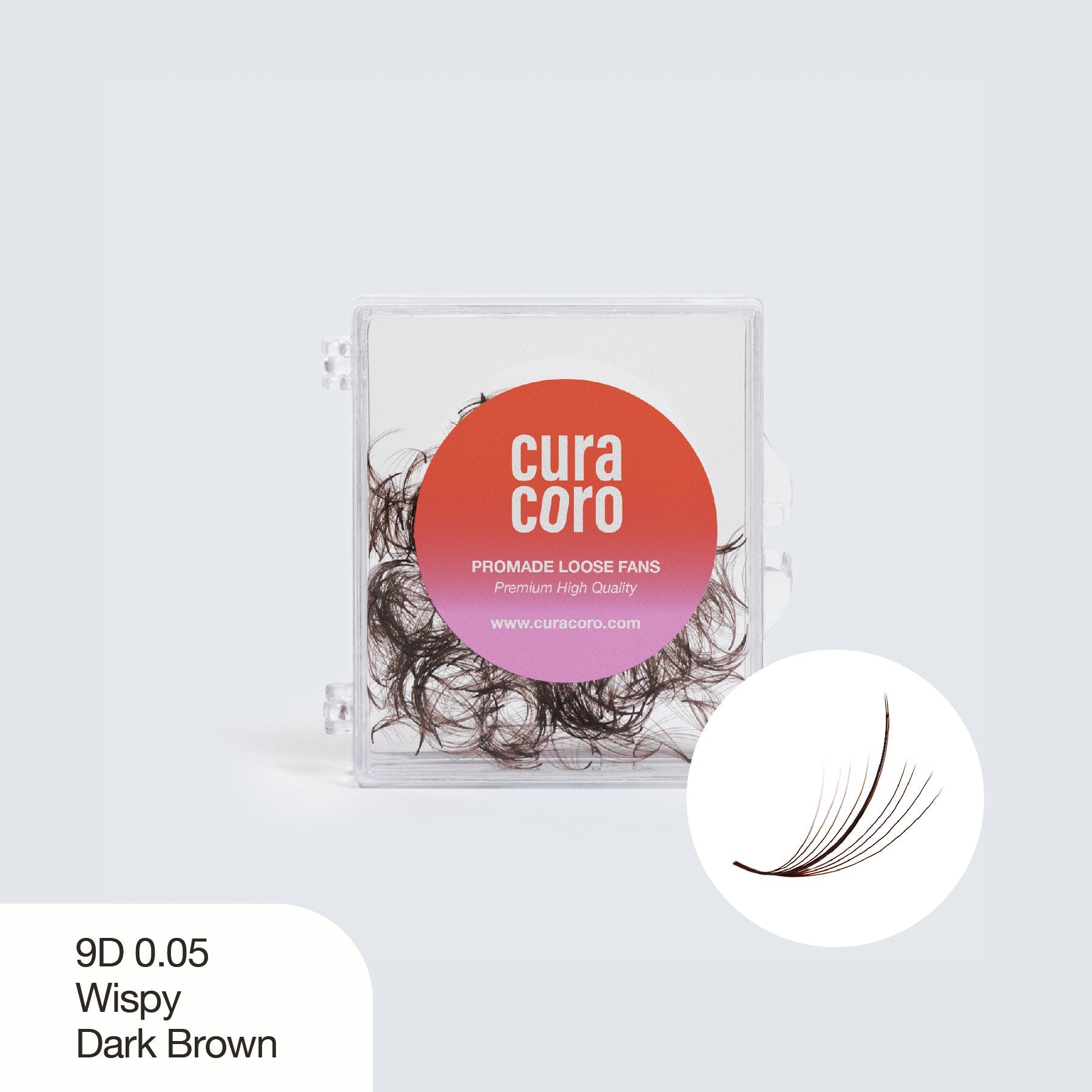 Curacoro Promade Loose Fans, labeled as "9D 0.05 Wispy Dark Brown," in a clear plastic container over a white background.