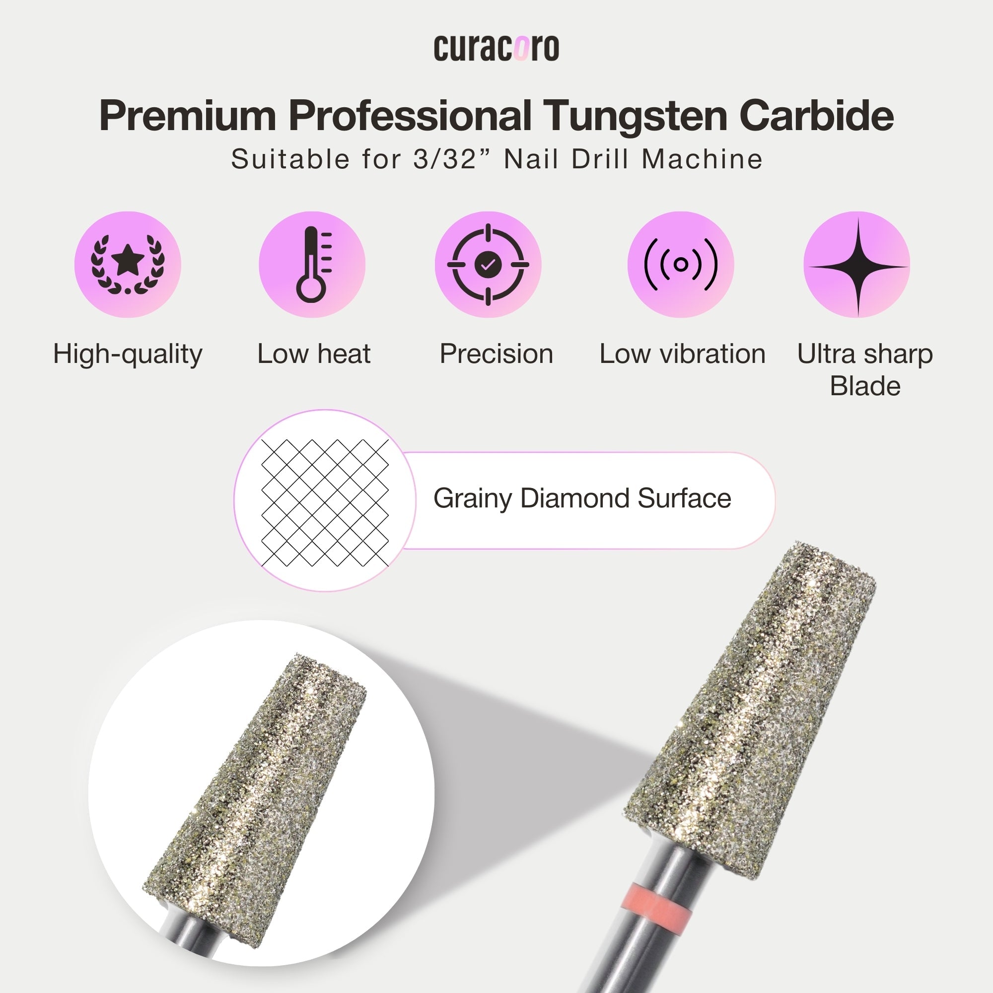 Diamond tapered drill bit: medium grit, grainy diamond surface, reduces heat and vibration, suitable for 3/32" nail drill machine.