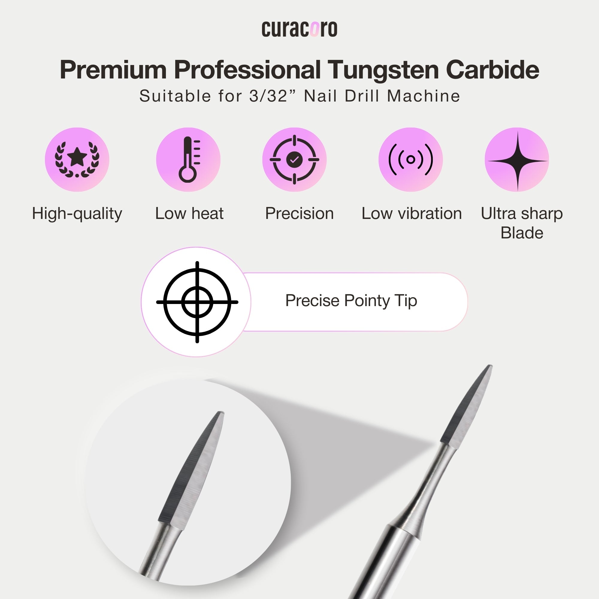 Precision flame-shaped polygon drill bit for nail professionals, featuring a 1.2mm size and sharp tungsten carbide blade.