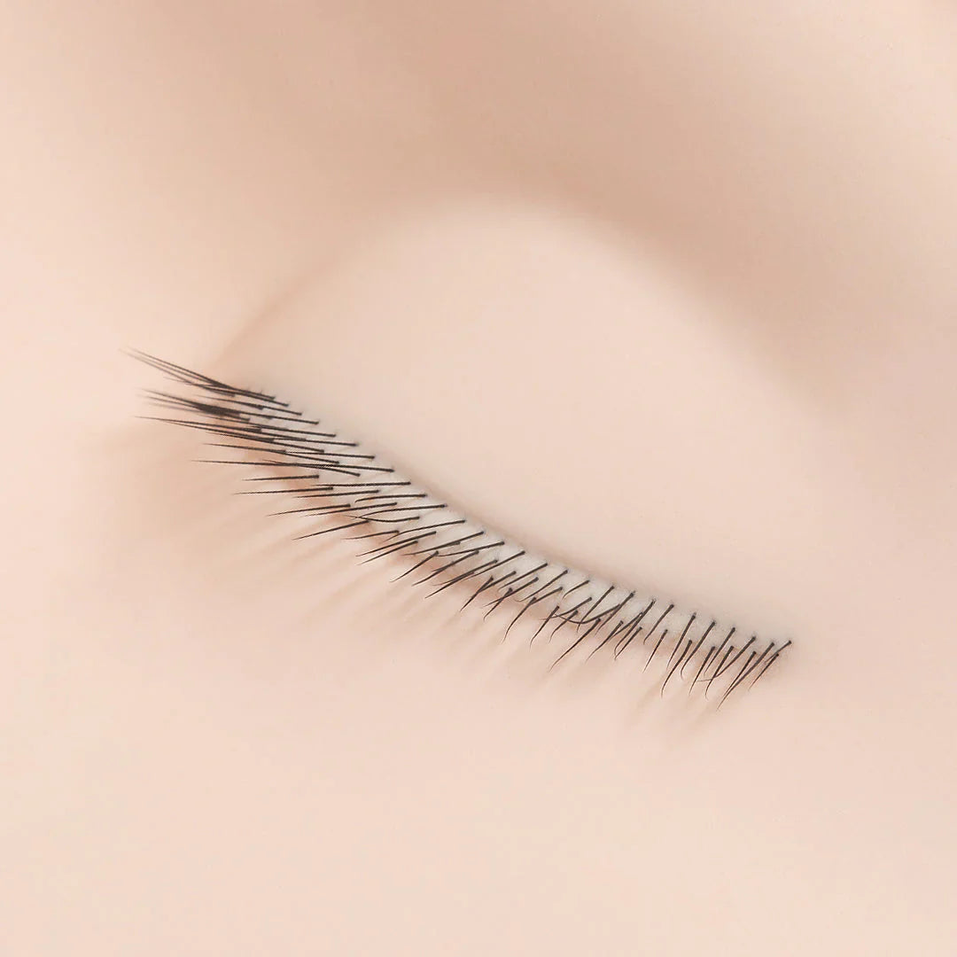 Close-up of multi-layered eyelash extensions applied to a mannequin&