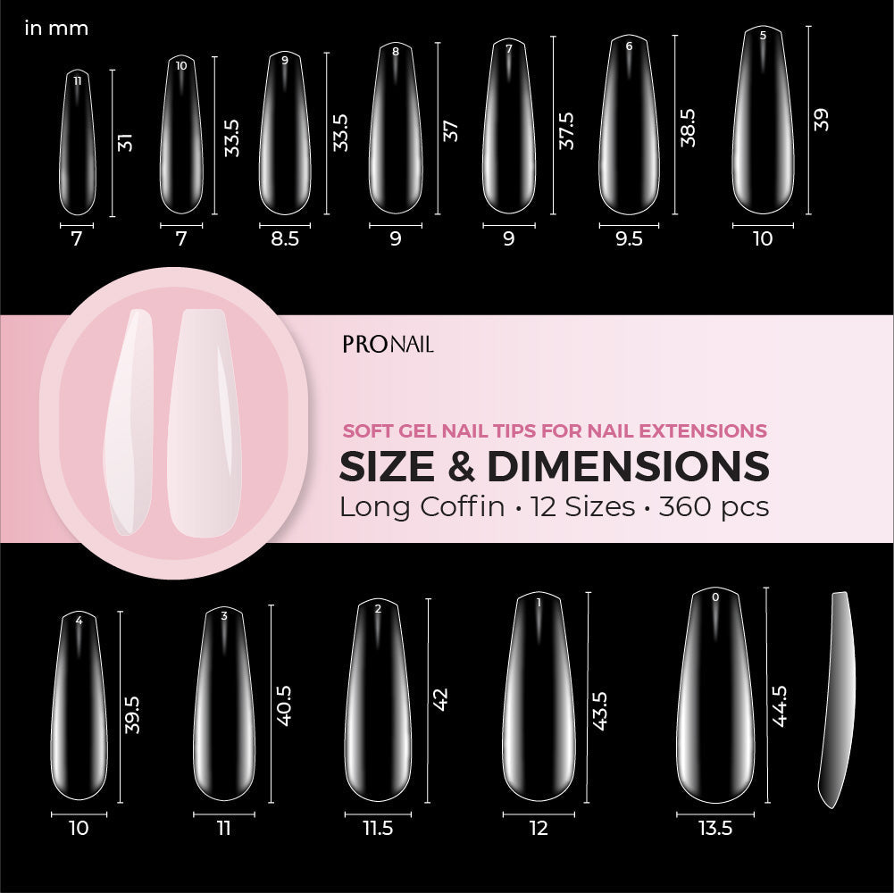 Soft Gel nail tips for nail extension infographic size and dimensions Long Coffin