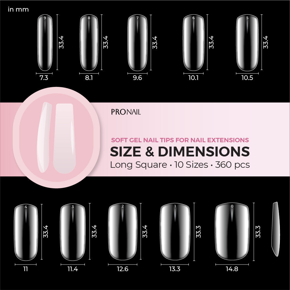 Size chart for long square nail tips showing dimensions in millimeters with a pink accent background.