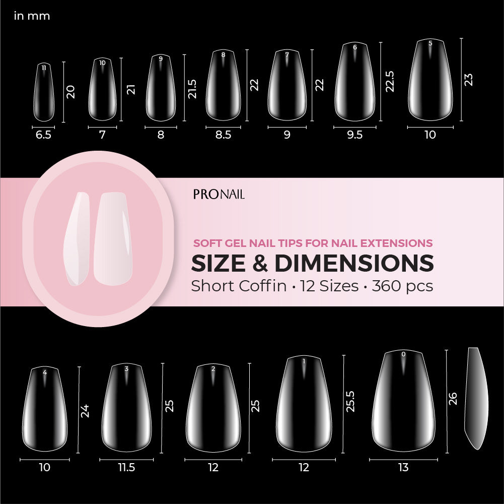 Soft Gel nail tips for nail extension infographic size and dimensions short Coffin