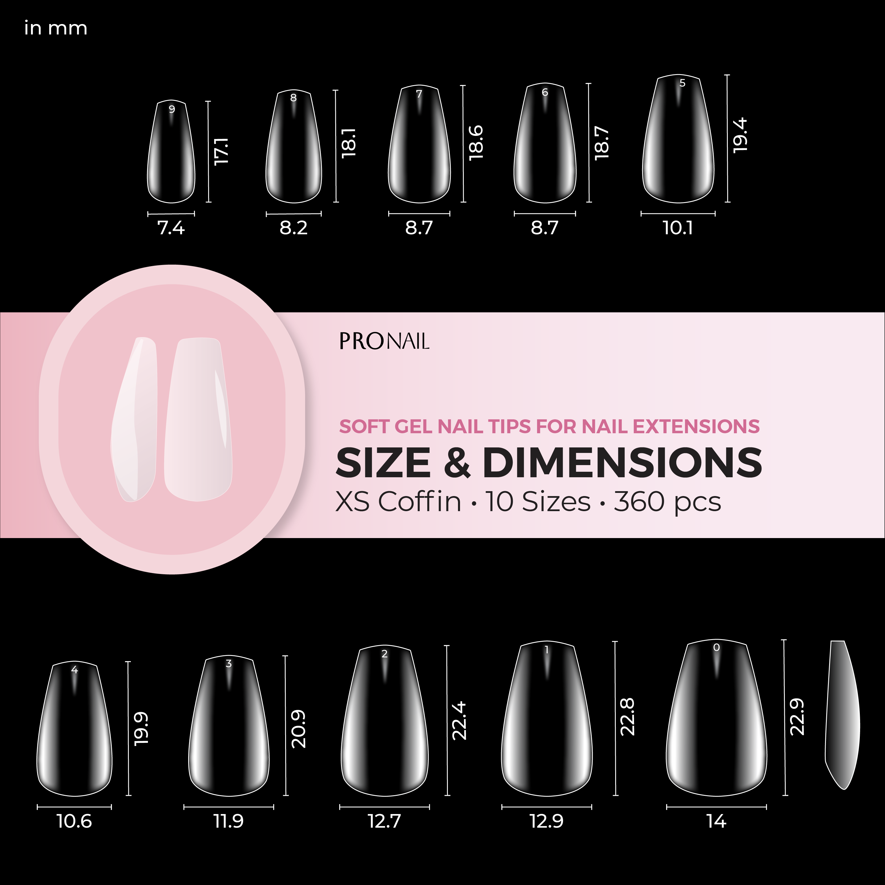 Soft Gel nail tips for nail extension infographic size and dimensions XS Coffin
