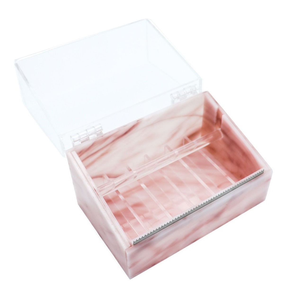 Acrylic tape dispenser with a pink marble base and a clear hinged lid, featuring a built-in serrated cutter and multiple slots for organizing tape rolls.