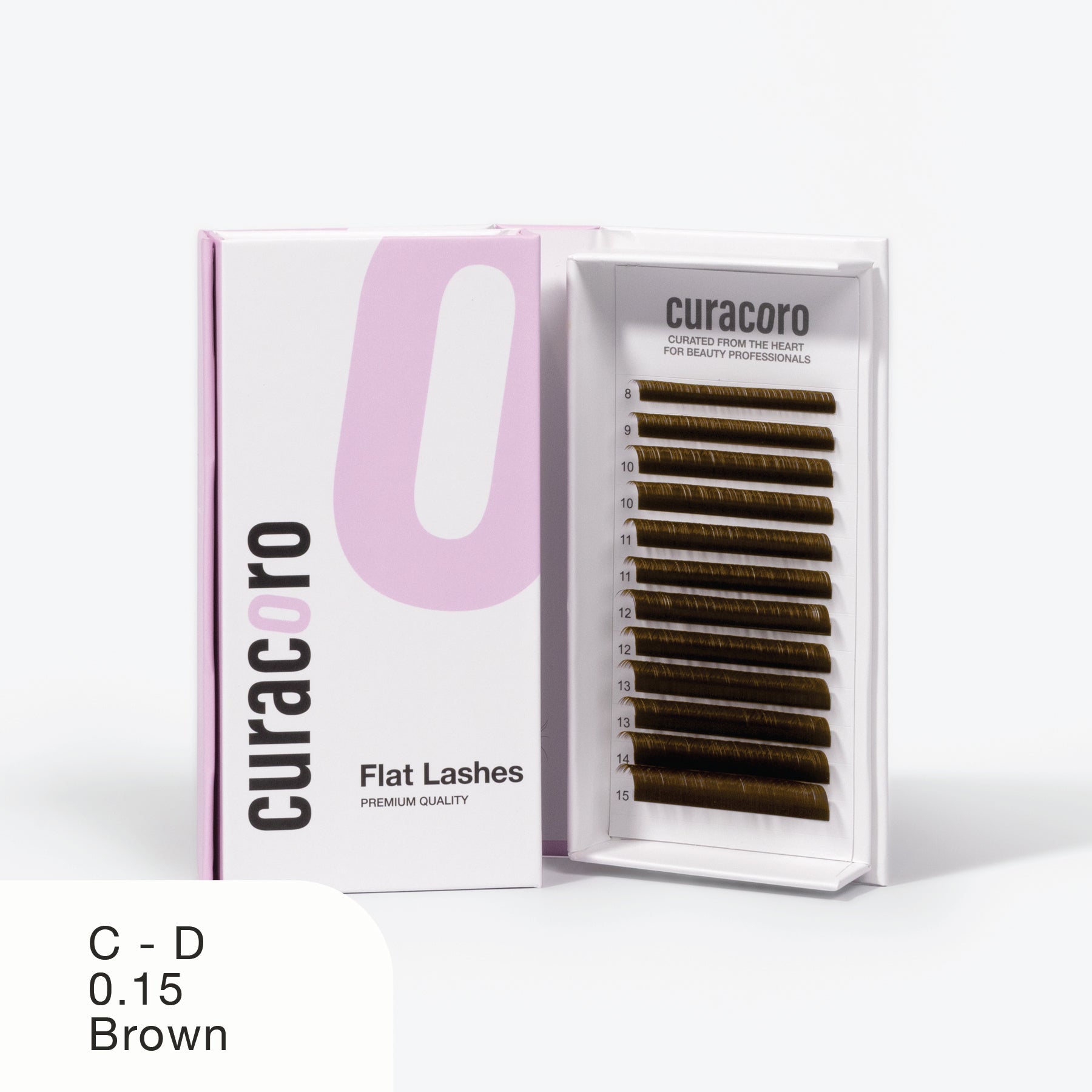 A box of Curacoro flat lashes in brown, labeled C-D, 0.15 over a white background.
