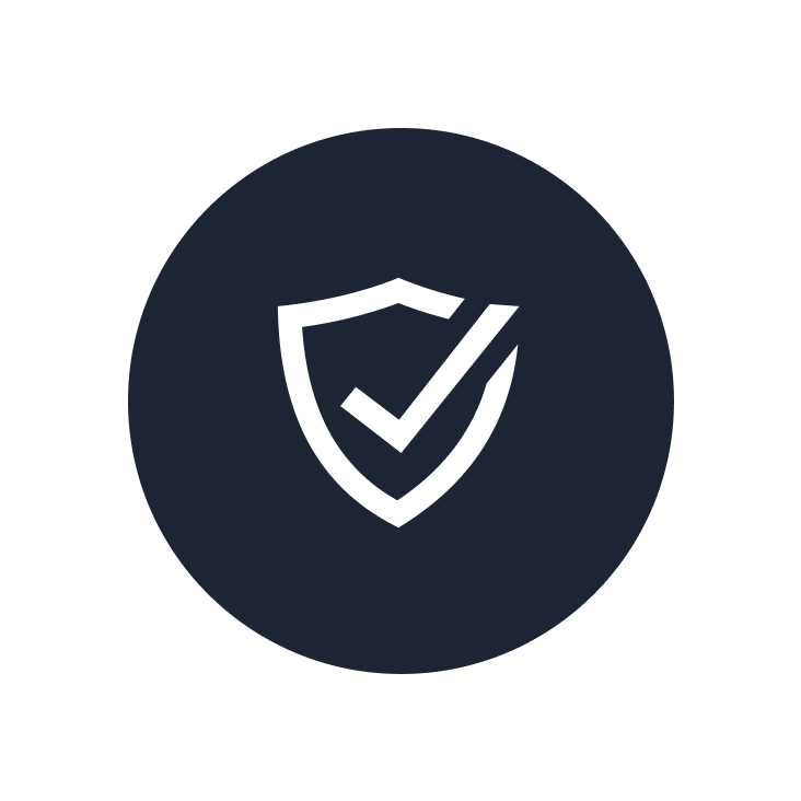 Shield icon with a checkmark symbolizing trust, security, and reliability on a dark circular background.