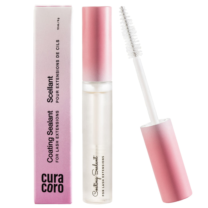 Curacoro Coating Sealant for lash extensions displayed with its sleek pink gradient cap, alongside its matching product box.