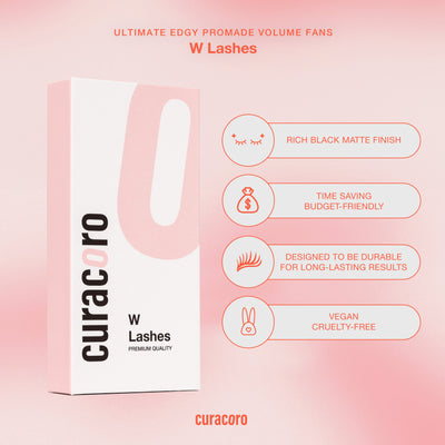 Curacoro W Lashes packaging on a pink gradient background, highlighting features such as rich black matte finish, budget-friendly time-saving design, durability, and vegan cruelty-free benefits.