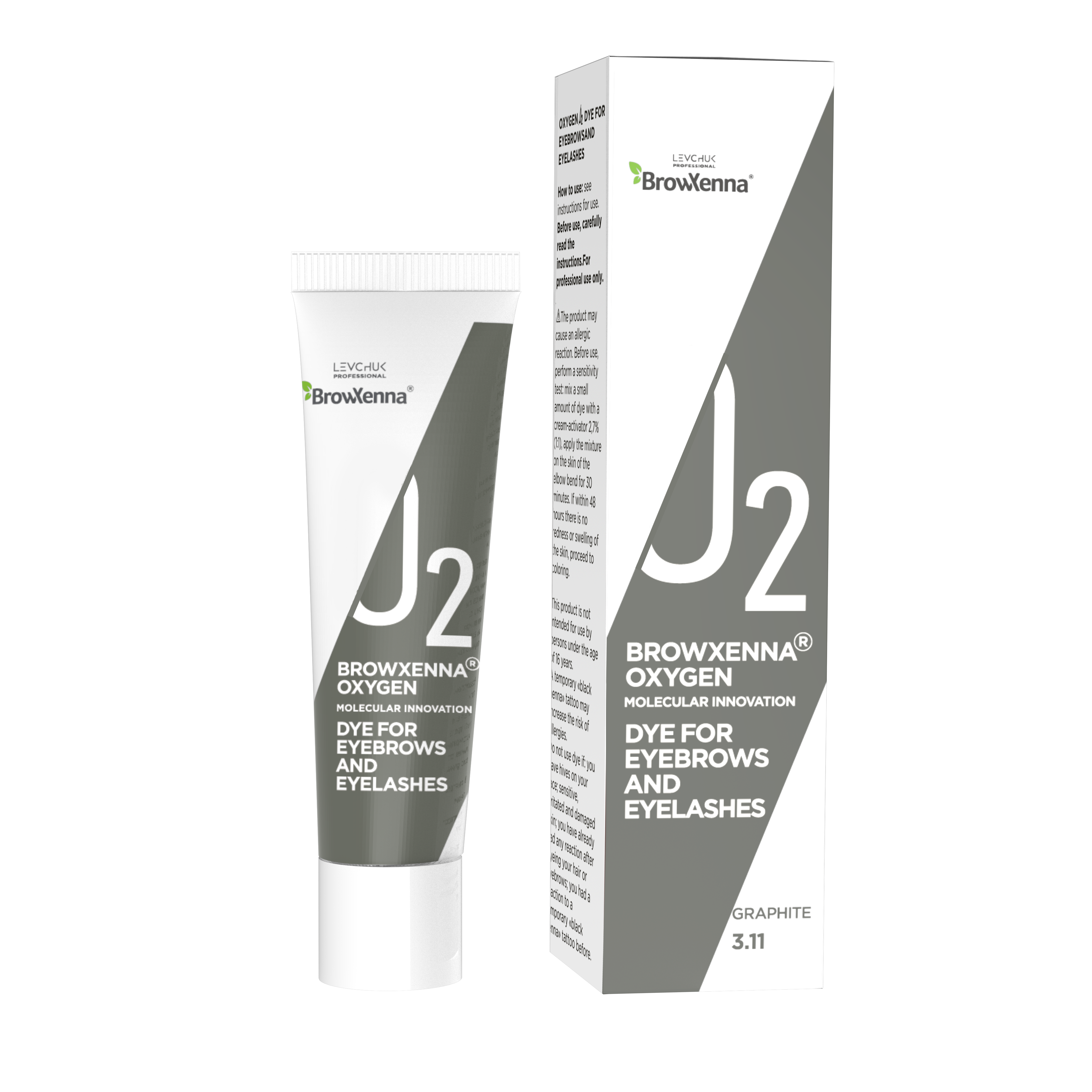 BrowXenna J2 Oxygen Graphite dye for eyebrows and eyelashes in a squeeze tube and box.