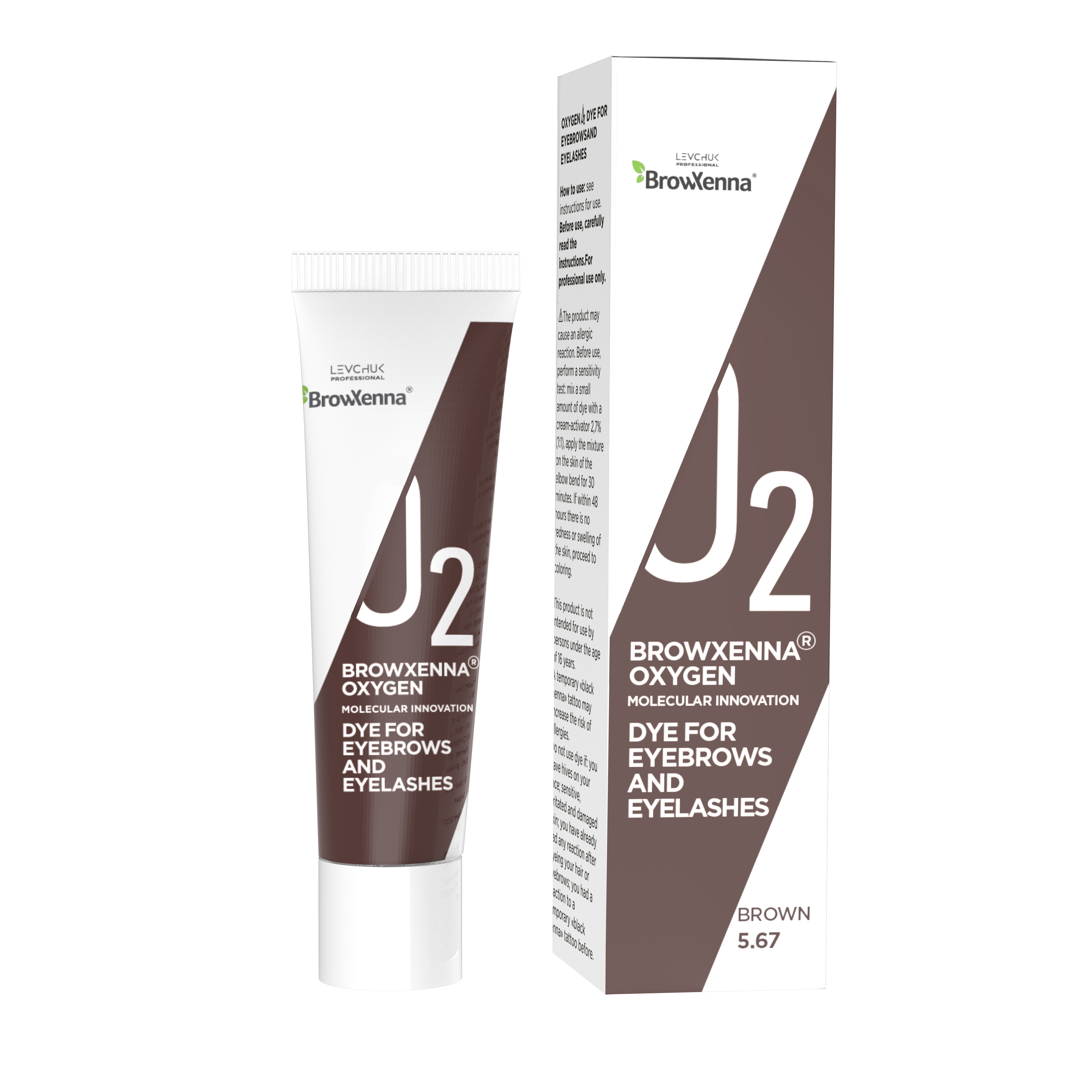 BrowXenna Oxygen Dye for Eyebrows and Eyelashes in brown product's tube and box.