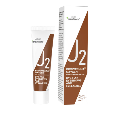 BrowXenna J2 Oxygen warm walnut dye for eyebrows and eyelashes, showing the product squeeze tube and box