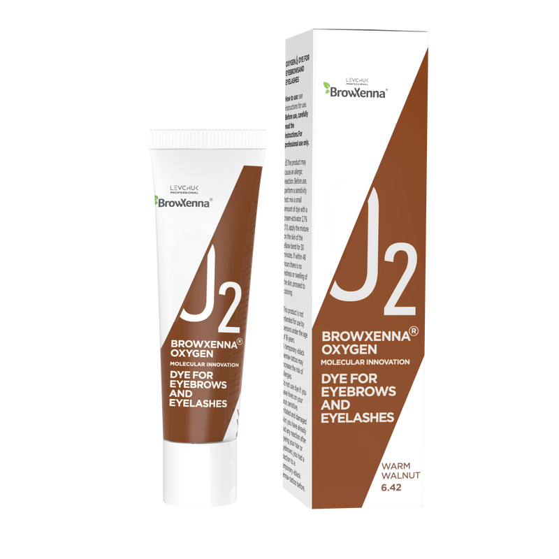 BrowXenna J2 Oxygen warm walnut dye for eyebrows and eyelashes, showing the product squeeze tube and box