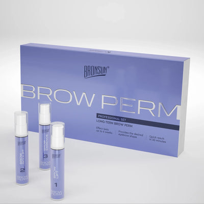 Brow perm kit with 3 bottles and product packaging