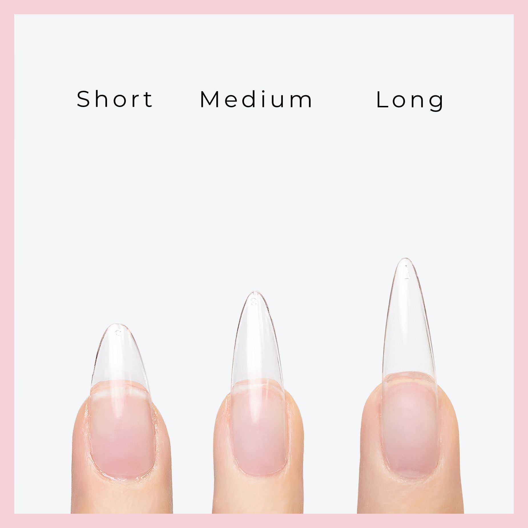 Curacoro Soft Gel Nail Tips showcasing Short, Medium, and Long almond nail sizes on natural nails, with a pink border and a light gray background.
