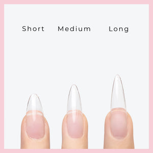 Curacoro Soft Gel Nail Tips showcasing Short, Medium, and Long almond nail sizes on natural nails, with a pink border and a light gray background.