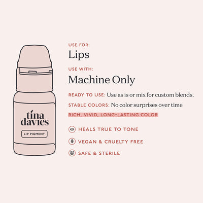 Illustrated Tina Davies lip pigment bottle with text highlighting its machine-only use, stable colors, and vegan, cruelty-free benefits.