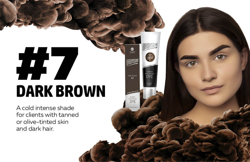 Bronsun Brow and Lash Dye - Dark Brown infographic with model and product 