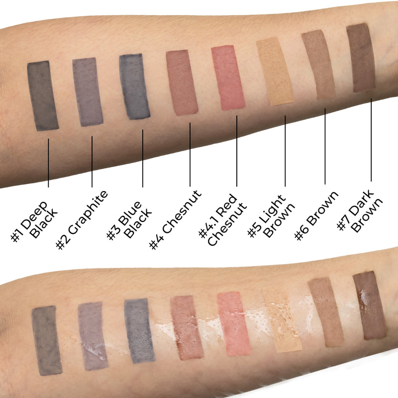 Bronsun Brow and Lash Dye colour swatches displayed on hands 