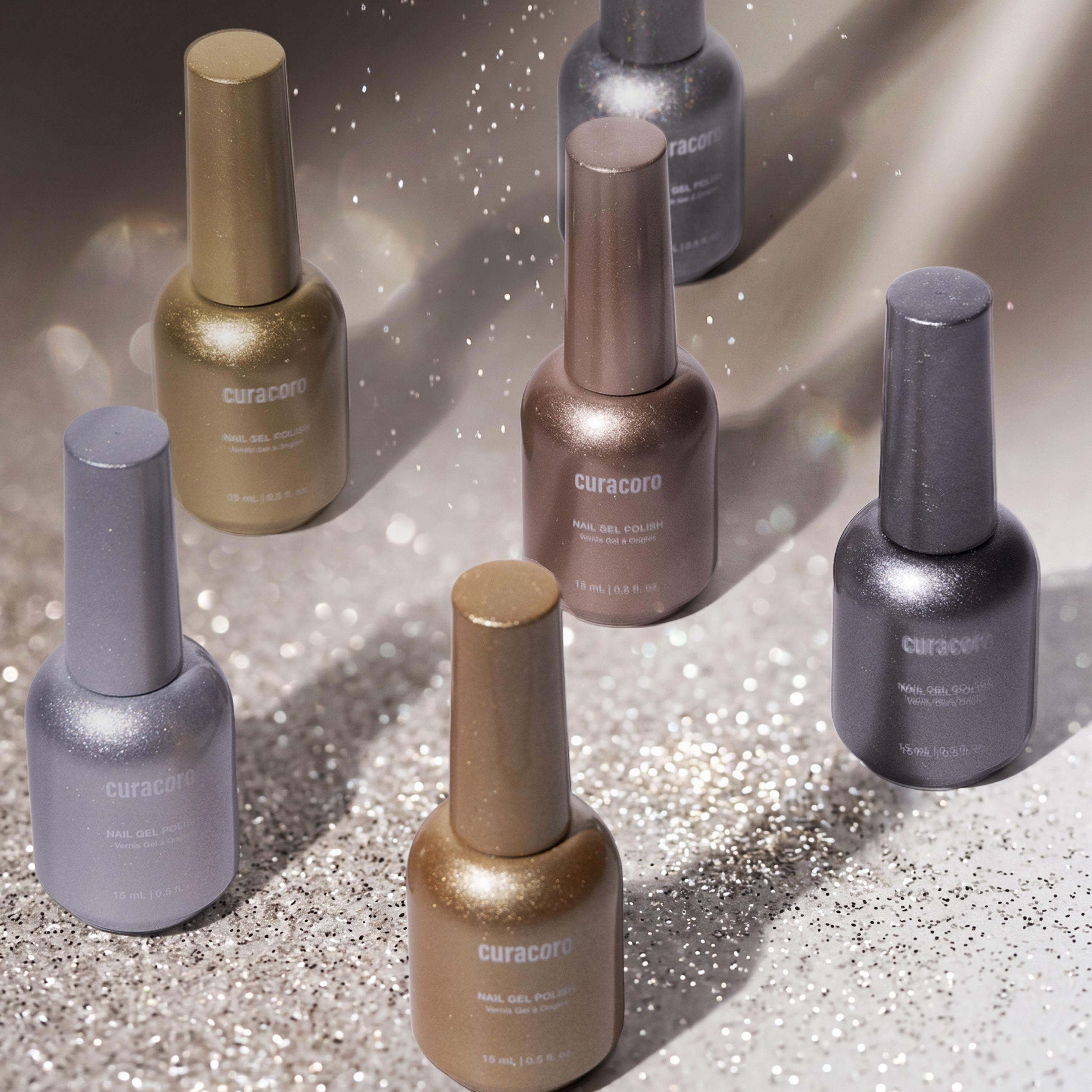 Collection of Curacure nail polish bottles on a reflective surface with a gradient background.