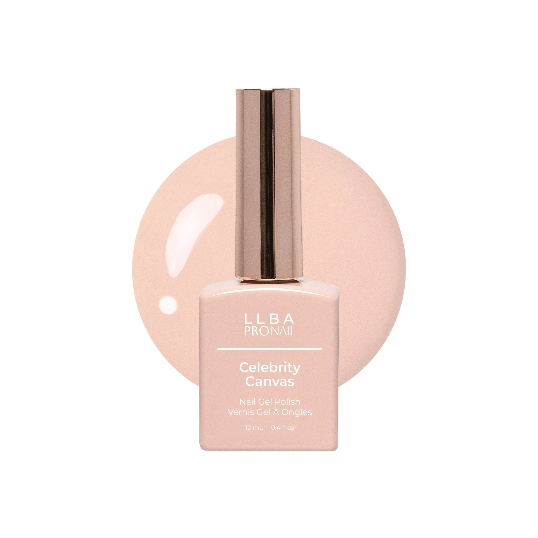 LLBA Celebrity Canvas Gel Polish bottle with a white background and a glossy paint blob.
