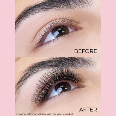 Before and after image of Clover Lashes on model's lashes.