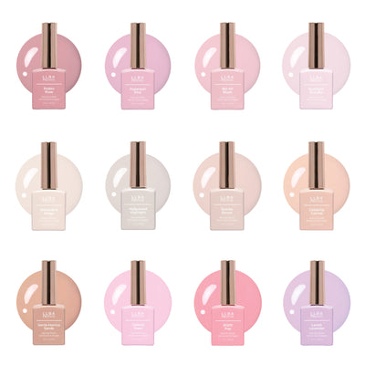 LLBA Gel Polish collection featuring 12 shades in pastel colors, displayed in elegant bottles with glossy color swatches behind each polish.