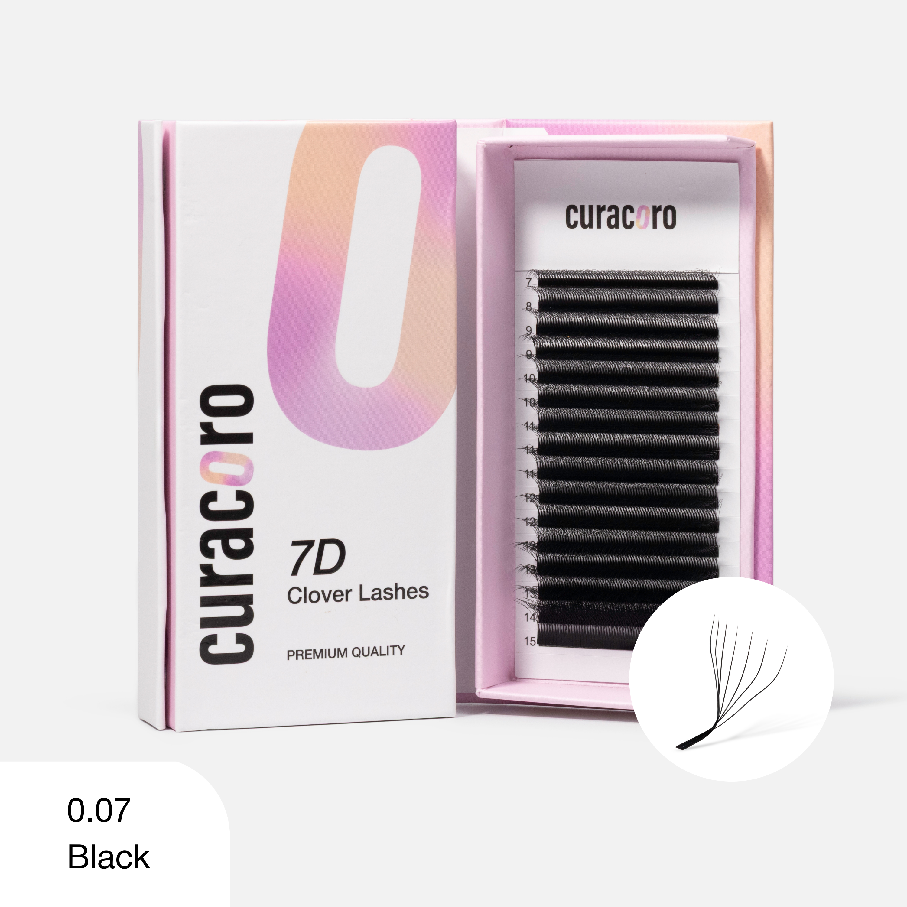 Curacoro eyelash packaging with lashes inside on a white background