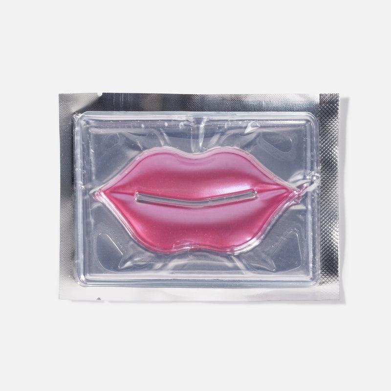 Pink collagen lip mask in sealed transparent packaging on a white background.