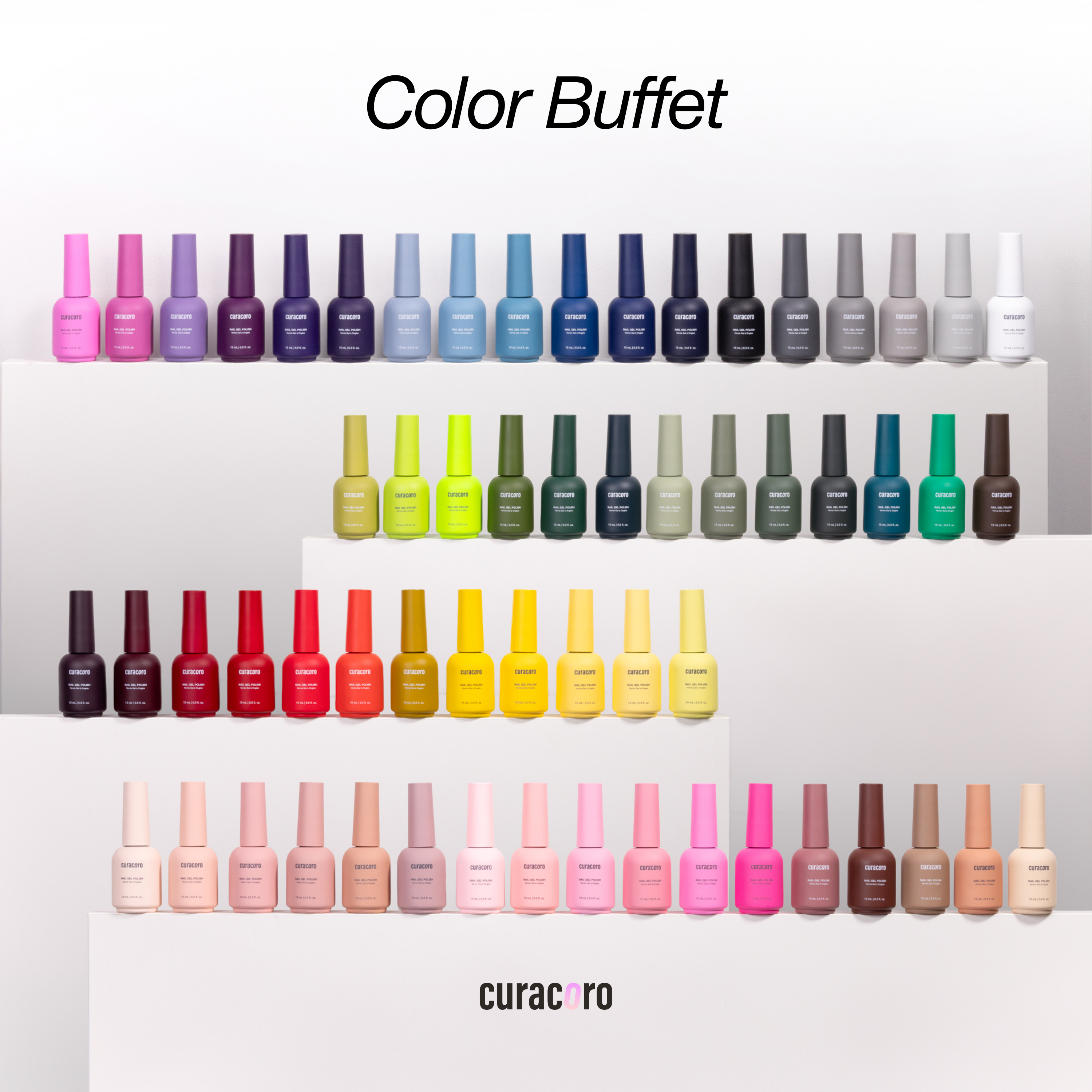 A color buffet display of multiple nail polish bottles arranged in rows on white steps, showing a wide range of shades from pinks, purples, blues, greens, neutrals, to reds, yellows, and browns. The text &