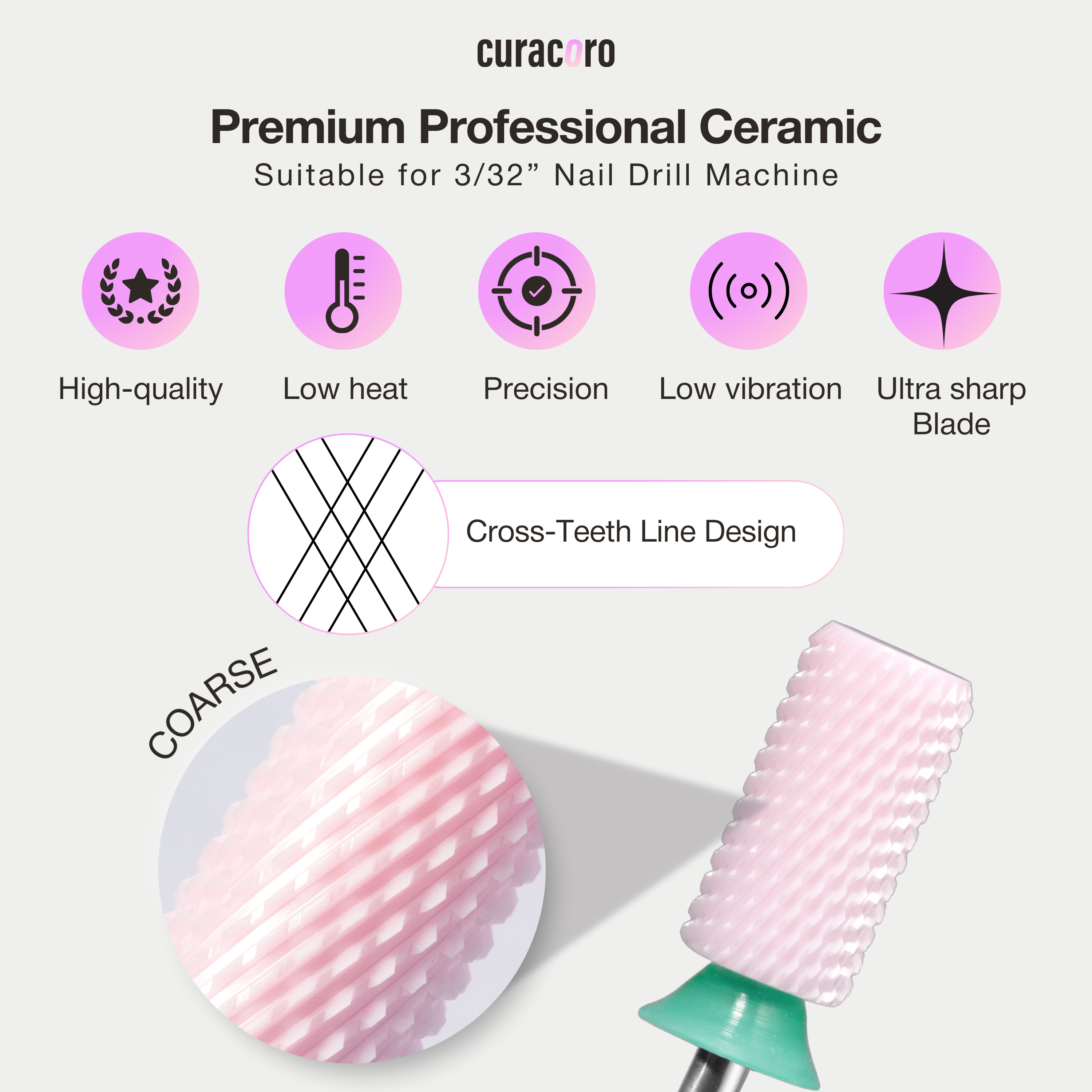 Ceramic Nail Drill Bit - Large Barrel Bits - Chamfer - Coarse 3/32"