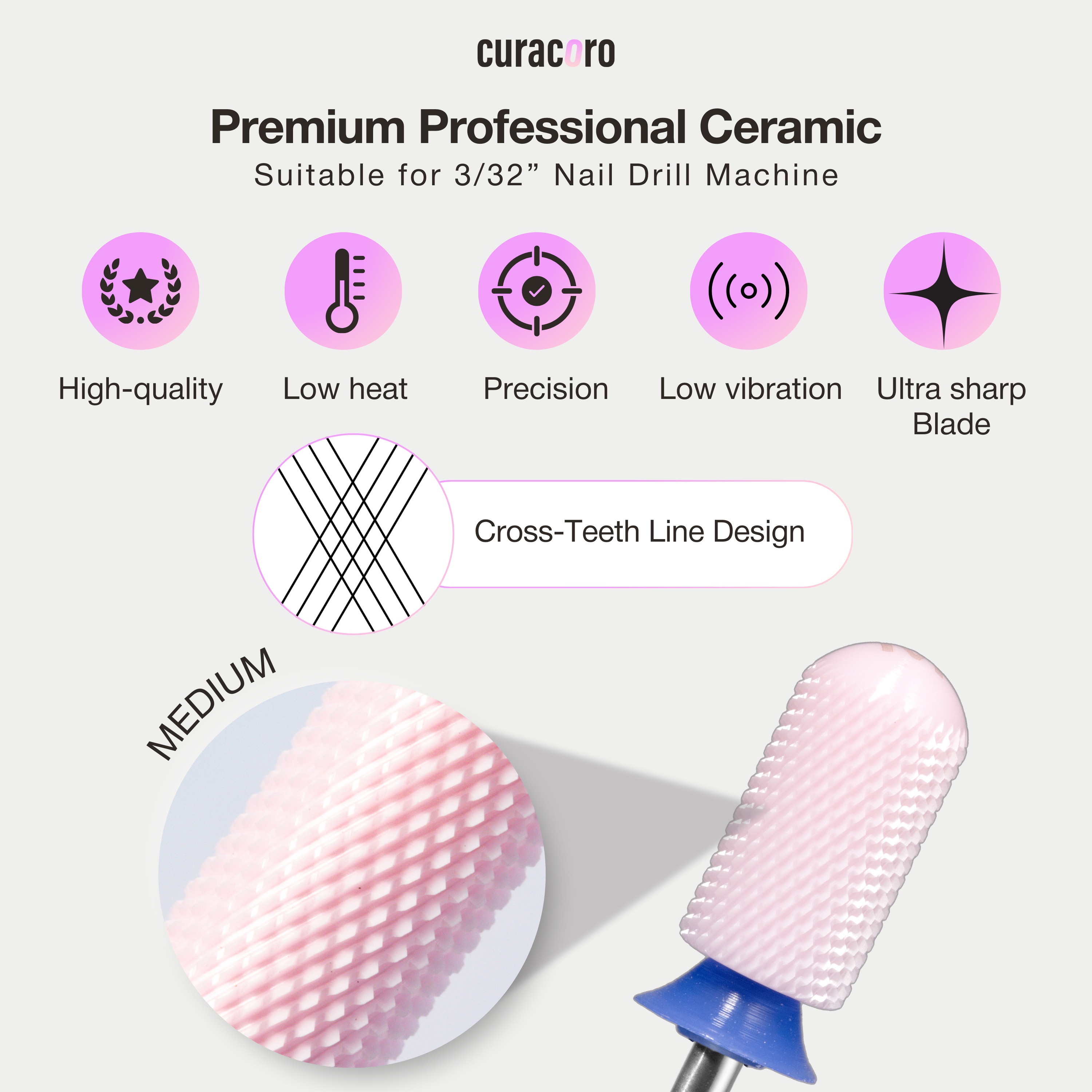Ceramic Nail Drill Bit - Large Barrel Smooth Top Bits - Medium 3/32"
