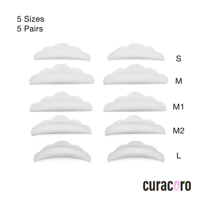 Curacoro lash lift shields in white, available in 5 sizes (S, M, M1, M2, L), designed for precise and customizable lash lifting.