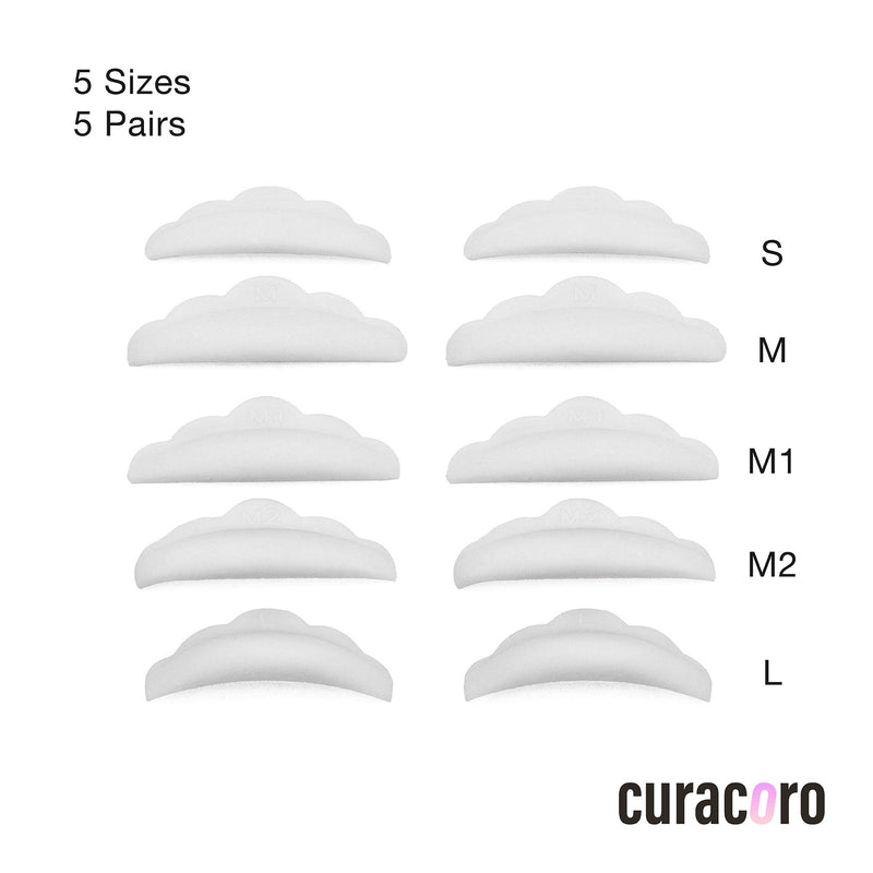 Curacoro lash lift shields in white, available in 5 sizes (S, M, M1, M2, L), designed for precise and customizable lash lifting.