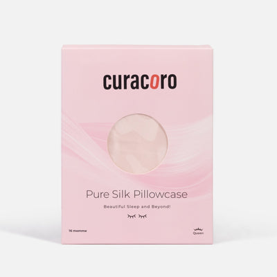 Curacoro Pure Silk Pillowcase in Himalayan Salt Pink, queen size, packaged in a soft pink box.