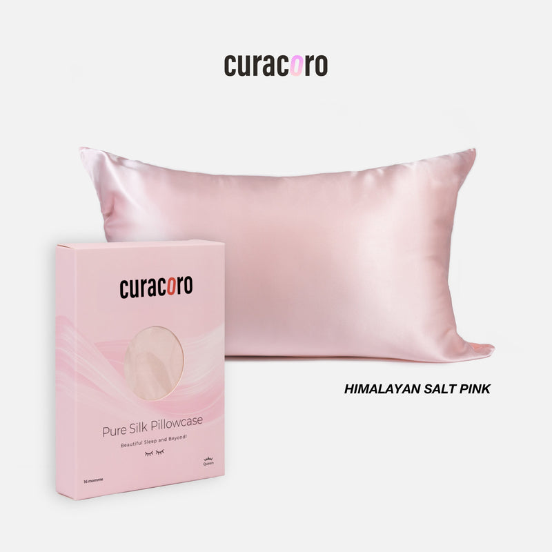 Curacoro Pure Silk Pillowcase in Himalayan Salt Pink, featuring a soft, luxurious texture with packaging.