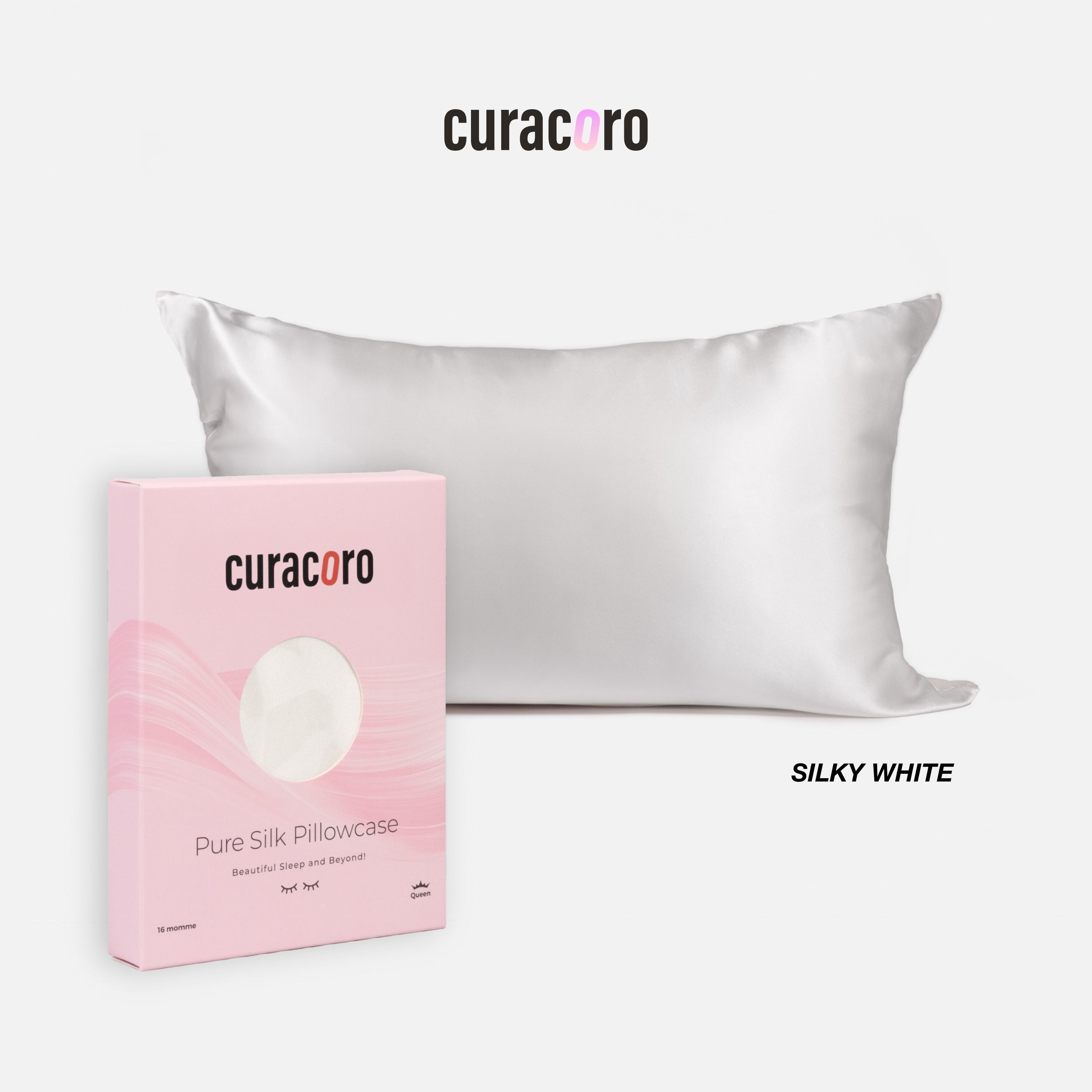 Curacoro Pure Silk Pillowcase in Himalayan silky white, featuring a soft, luxurious texture with packaging.